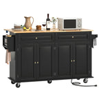 Hlivelood 55" Movable Kitchen Island with Drop Leaf and Power Outlet, Rolling Cart with Storage Cabinet, Island Table on Wheels for Kitchen with 2 Drawers, Spice Rack, Towel Bar, Garage Hook, Black