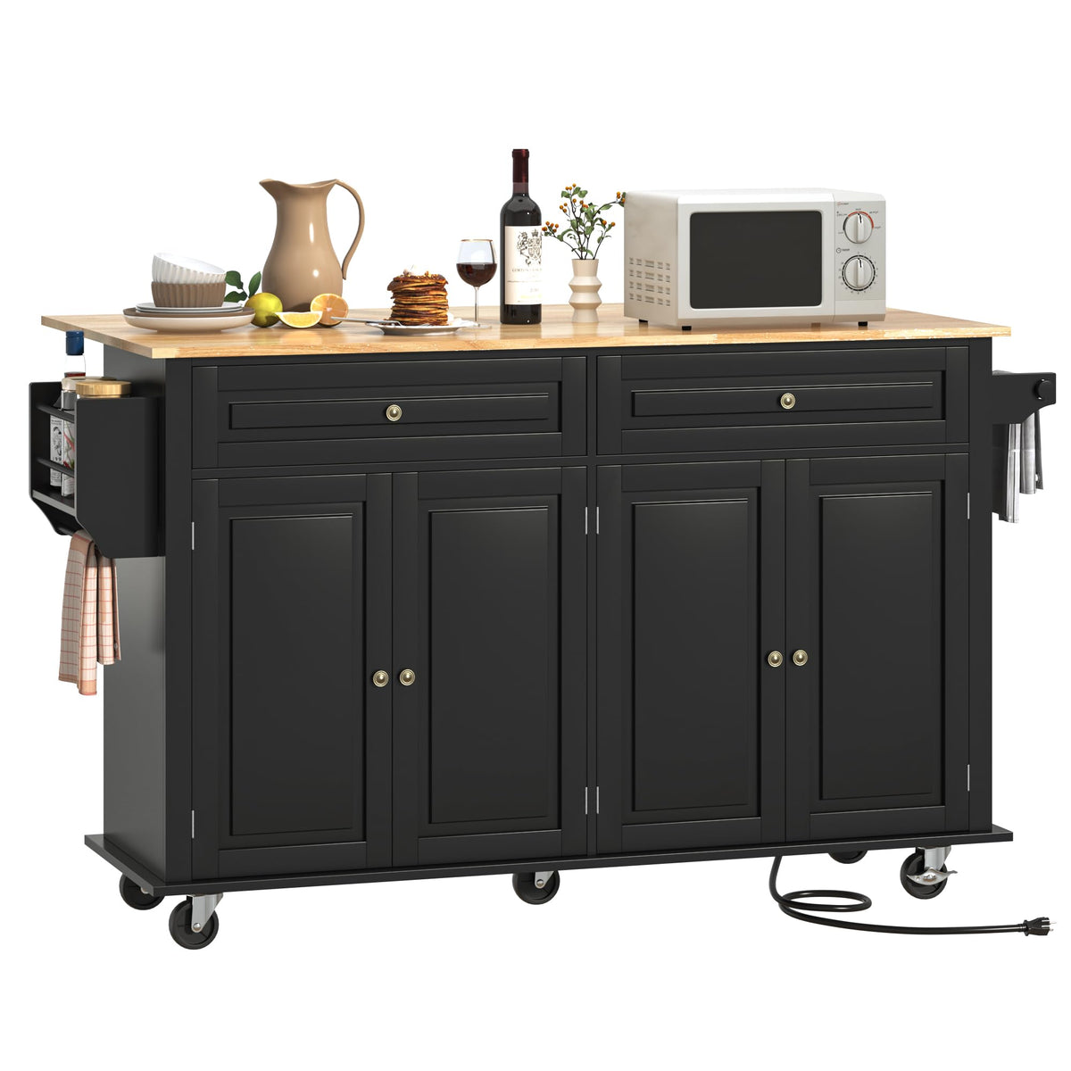 Hlivelood 55" Movable Kitchen Island with Drop Leaf and Power Outlet, Rolling Cart with Storage Cabinet, Island Table on Wheels for Kitchen with 2 Drawers, Spice Rack, Towel Bar, Garage Hook, Black