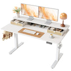 TIQLAB Standing Desk with Two Drawers, Stand Up Standing Desk Adjustable Height, Electric Sit Stand Table with Storage Shelf and Splice Board, with LED Light, 55 * 28 inch, Maple