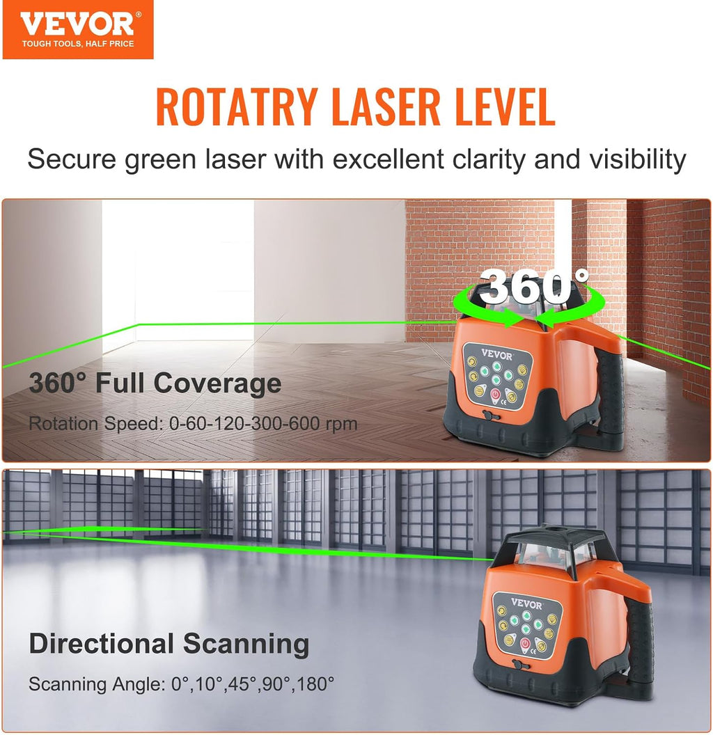 VEVOR Rotary Laser Level 2000 ft, 360 Degree Self-Leveling Green Cross Line