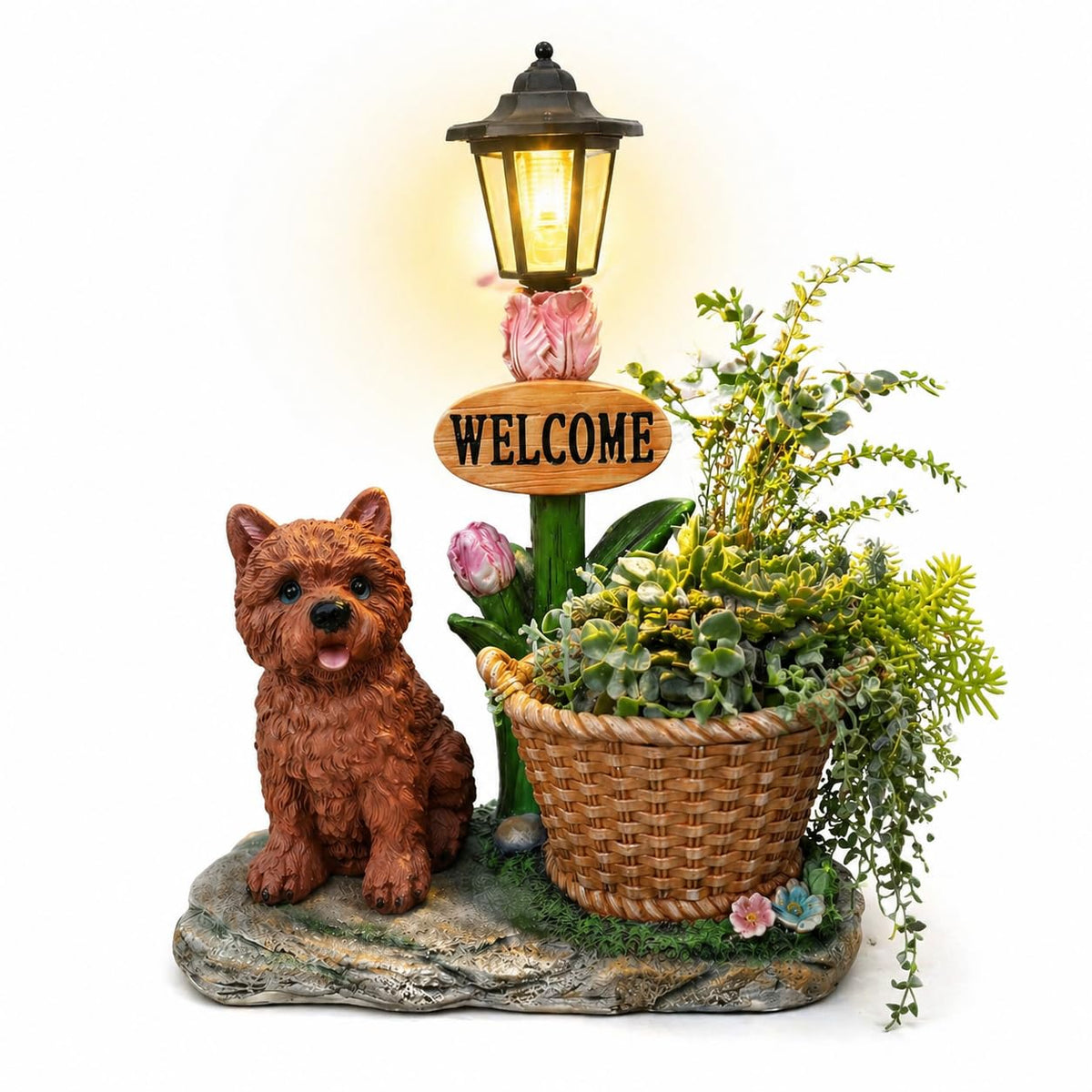 Solar Shiba Inu Statue with Welcome Sign & Lantern, Dog Garden Figurine Planter Pot, Realistic Outdoor LED Light for Porch, Yard Art & Lawn Decor, Unique Gift for Shiba Inu Lovers