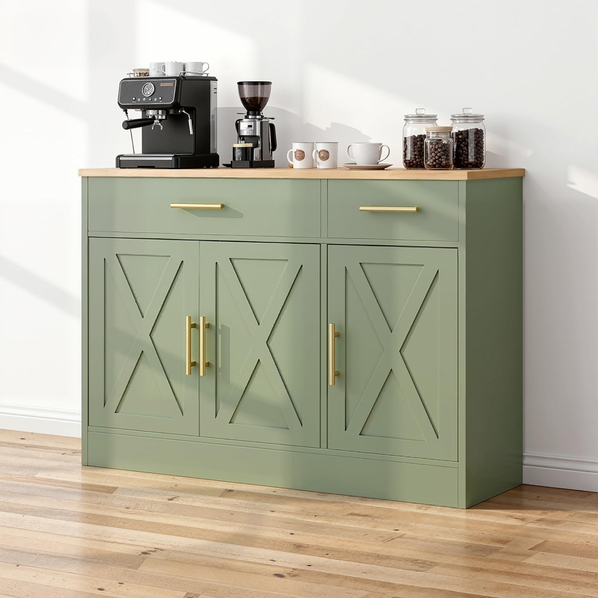 SUNLEI Coffee Bar Cabinet with Storage, Farmhouse Buffet Cabinet with 4 Doors & Adjustable Shelves, Kitchen Sideboard Cabinet for Coffee Station, Dining Room, Living Room & Home, White