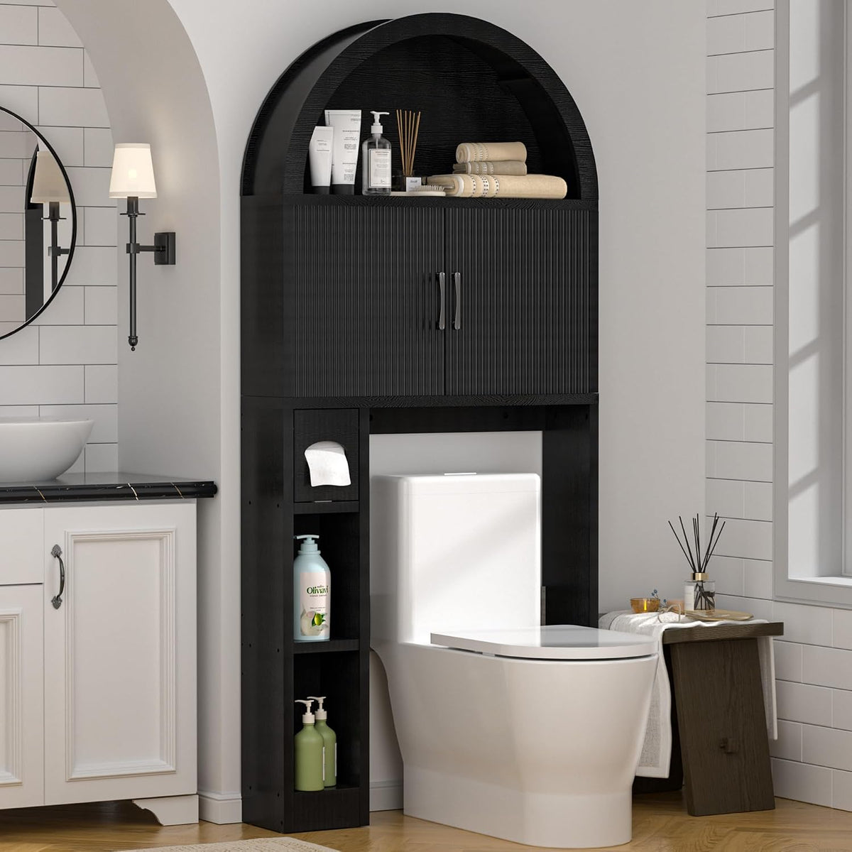 Spurgehom Over Toilet Storage Cabinet, Bathroom Arch Organizer, Black
