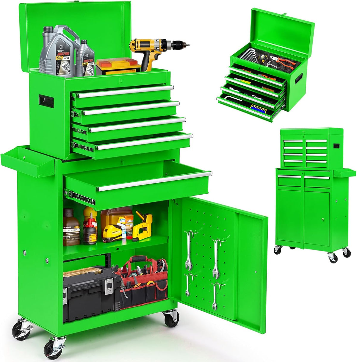 5-Drawer Rolling Tool Chest with Detachable Tool Box, Lockable Wheels, 4 Hooks, and Liner, Heavy-Duty Metal Tool Cart for Garage and Workshop Storage, Green