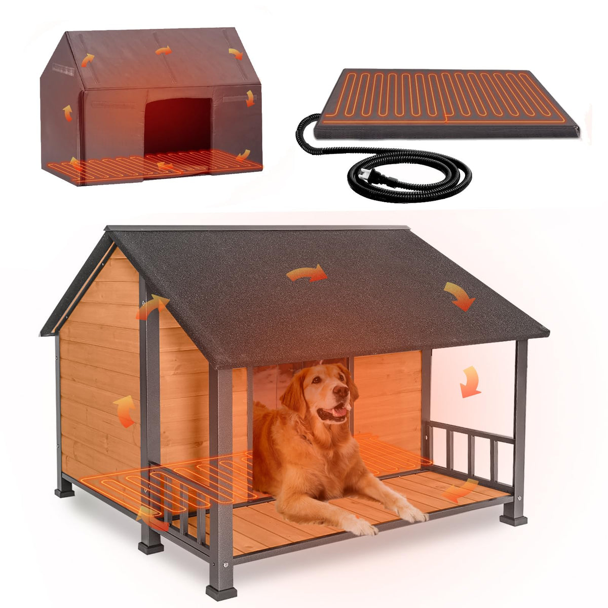 GUTINNEEN Heated Dog House Outdoor Insulated Dog House Weatherproof Dog Kennel with Thermostat-Controlled Heating Pad, 6-Sided Thermal Liner, Chew-Proof Metal Frame for Dogs