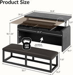 Dual Lift Top Coffee Table Set with Bench, 40 Inches, Black