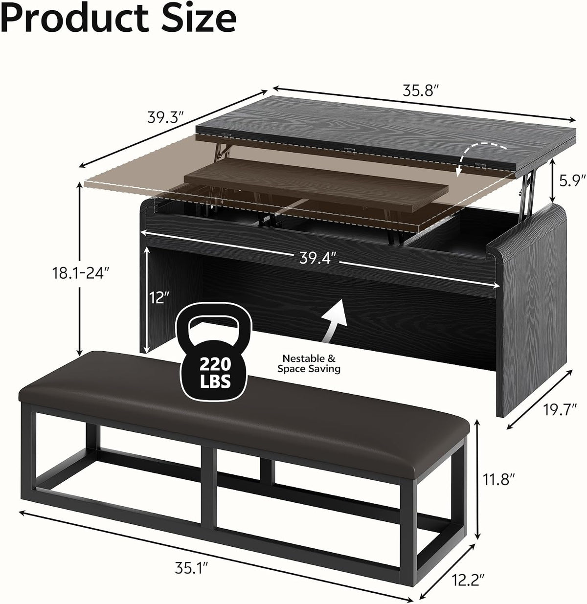 Dual Lift Top Coffee Table Set with Bench, 40 Inches, Black