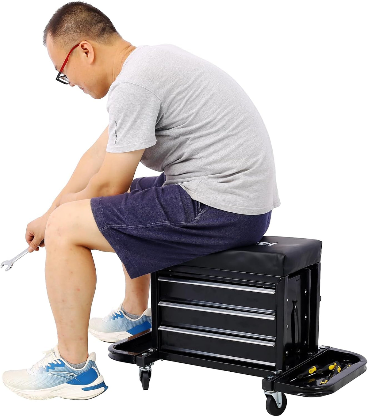 3-Drawer Rolling Tool Chest Seat Garage Glider Mechanic Stool with Magnetic Side Trays, Heavy Duty Rolling Tool Box for Warehouse, Workshop, 350lbs Capacity