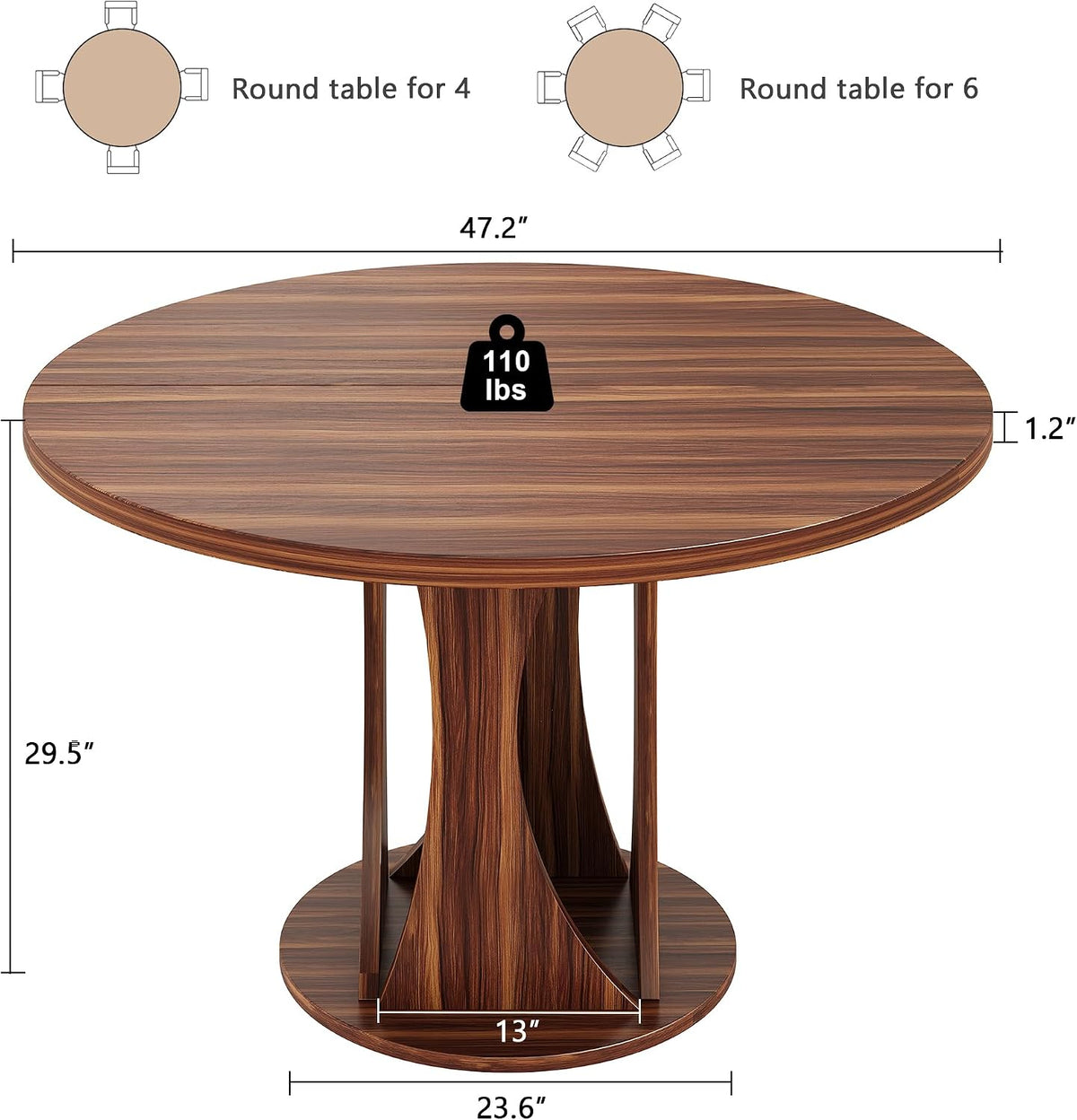iPormis Round Dining Table, 47'' Kitchen Table for 4-6, Dining Room Dinner Table with Wooden Tabletop & Geometric Arcs Pedestal for Kitchen, Living Room, Home, Office, Walnut