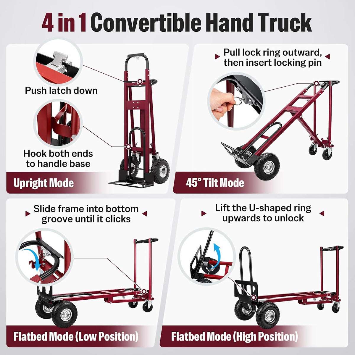 4in1 Heavy Duty Convertible Hand Truck, Alloy Steel Dolly Cart with Wheels
