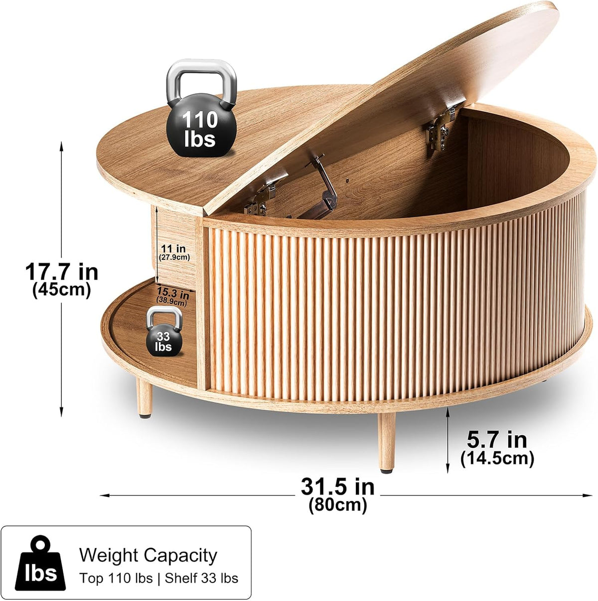 Round Coffee Table, 31.5" Fluted Center Table with Storage, Lift-Top Coffee Table with Adjustable Footpads, Sliding Door, Mid-Century Modern Center Table for Living Room, Small Space (Nature)