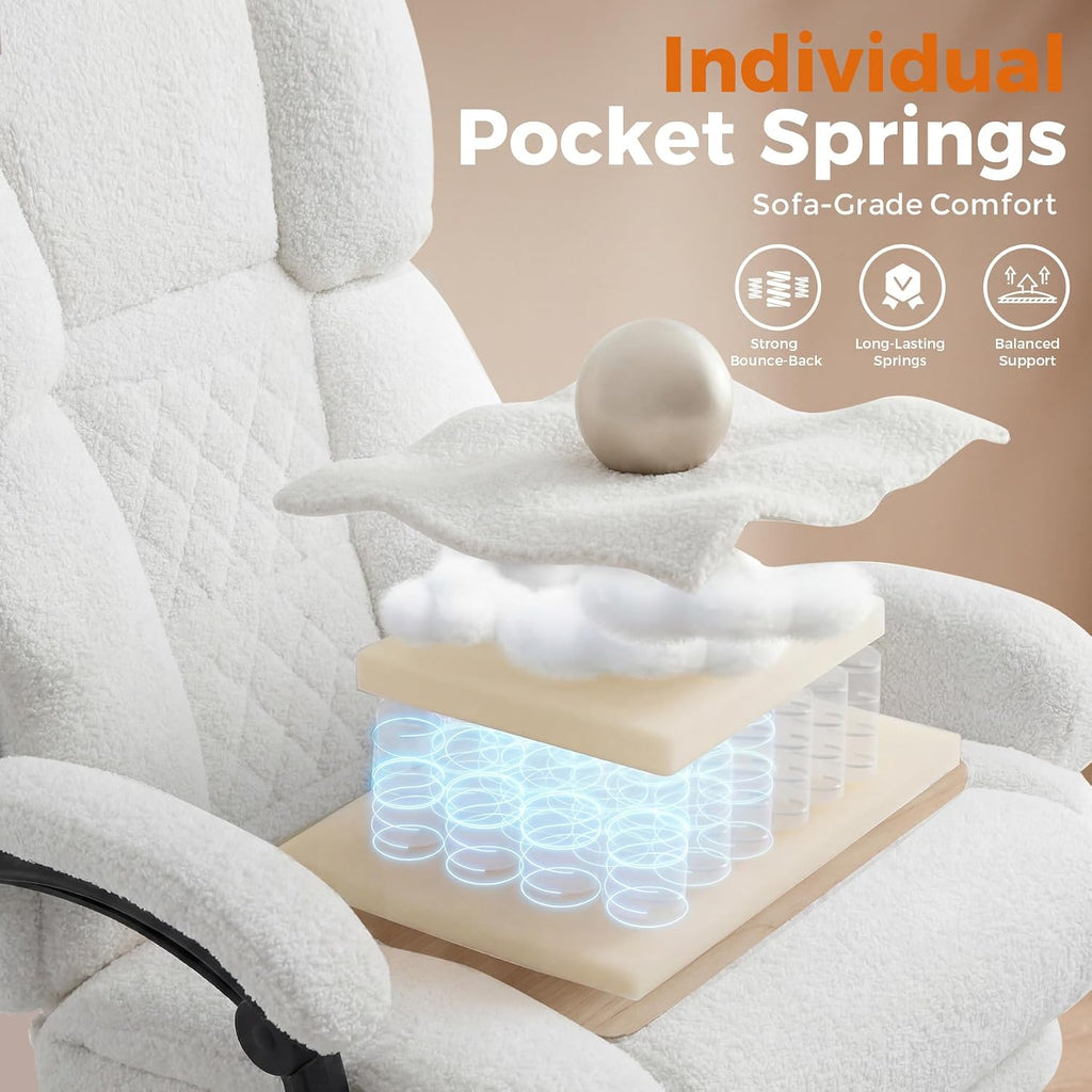 GTPLAYER Big and Tall Office Chair with Pocket Spring Cushion & Ergonomic Lumbar Support for Lower Back Pain Relief, High Back Computer Gaming Chair with Foot Rest, Comfy Teddy Fleece, White