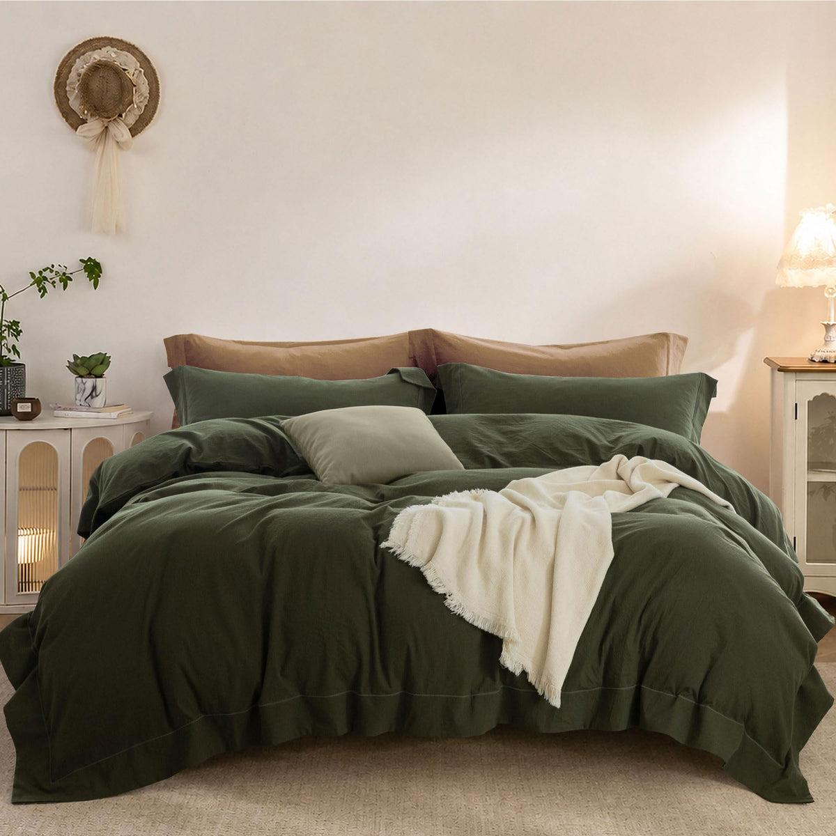 Duvet Cover Set Washed Cotton Embroidered Hem King 3‑Pcs