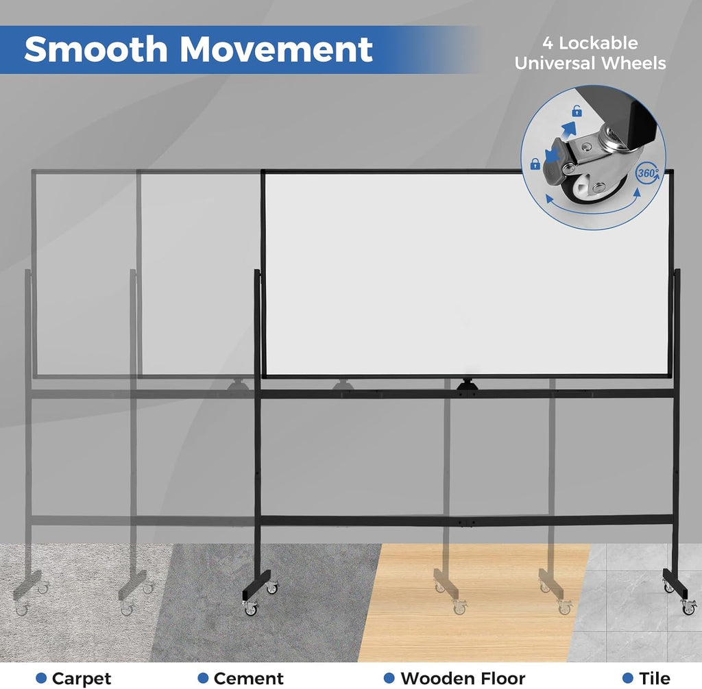 Double-Sided Mobile Whiteboard on Wheels, 72" x 36" Large Dry Erase Board with Stand & Aluminum Alloy Frame, Rolling Magnetic Standing Whiteboard for Office & Classroom (Black)