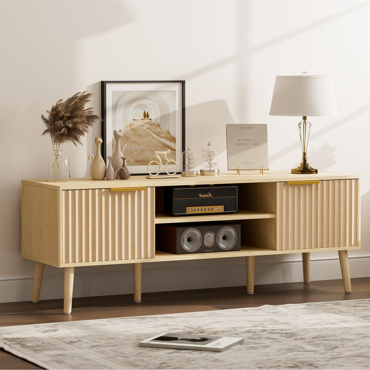 LCRBOL TV Stand with Fluted Doors for TVs up to 65", Mid-Century, Walnut