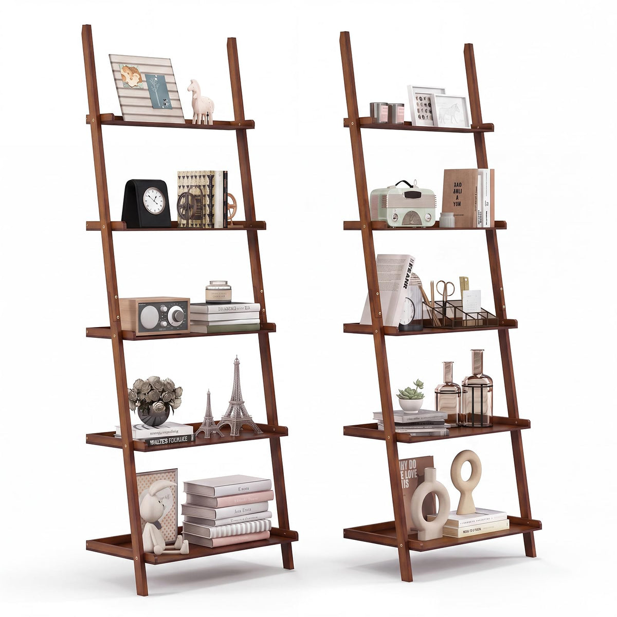 Tangkula 5-Tier Ladder Shelf Bookcase, Bamboo, 72”H, Walnut, 2 Pack