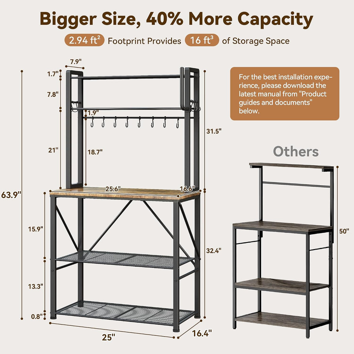 YASONIC Coffee Bar, Bakers Rack with Storage, 25.6 Inches Microwave Stand, 5 Tier Kitchen Shelves Appliance Storage, 12 S Hooks Large Coffee Station for Spices, Pots and Pans, Rustic Brown