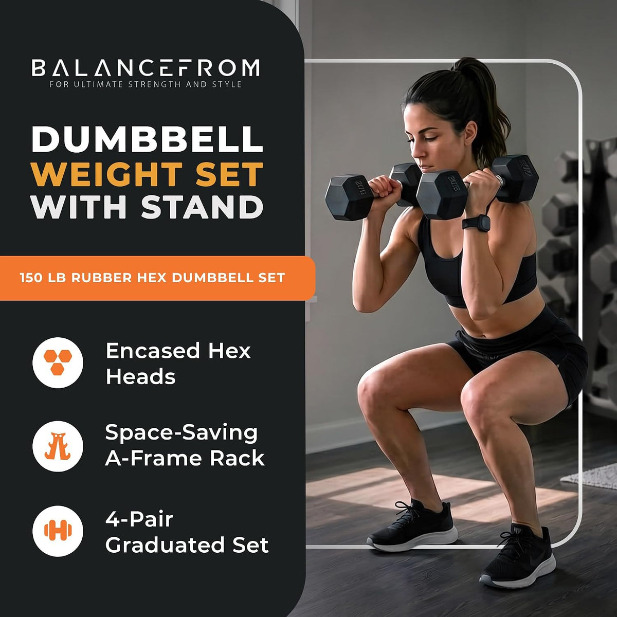 BalanceFrom Rubber Coated Hex Dumbbell Weight Set with Storage Rack, 100LB or 150LB or 200LB Set, 5-20 lbs or 5-25 lbs or 10-30 lbs Pairs