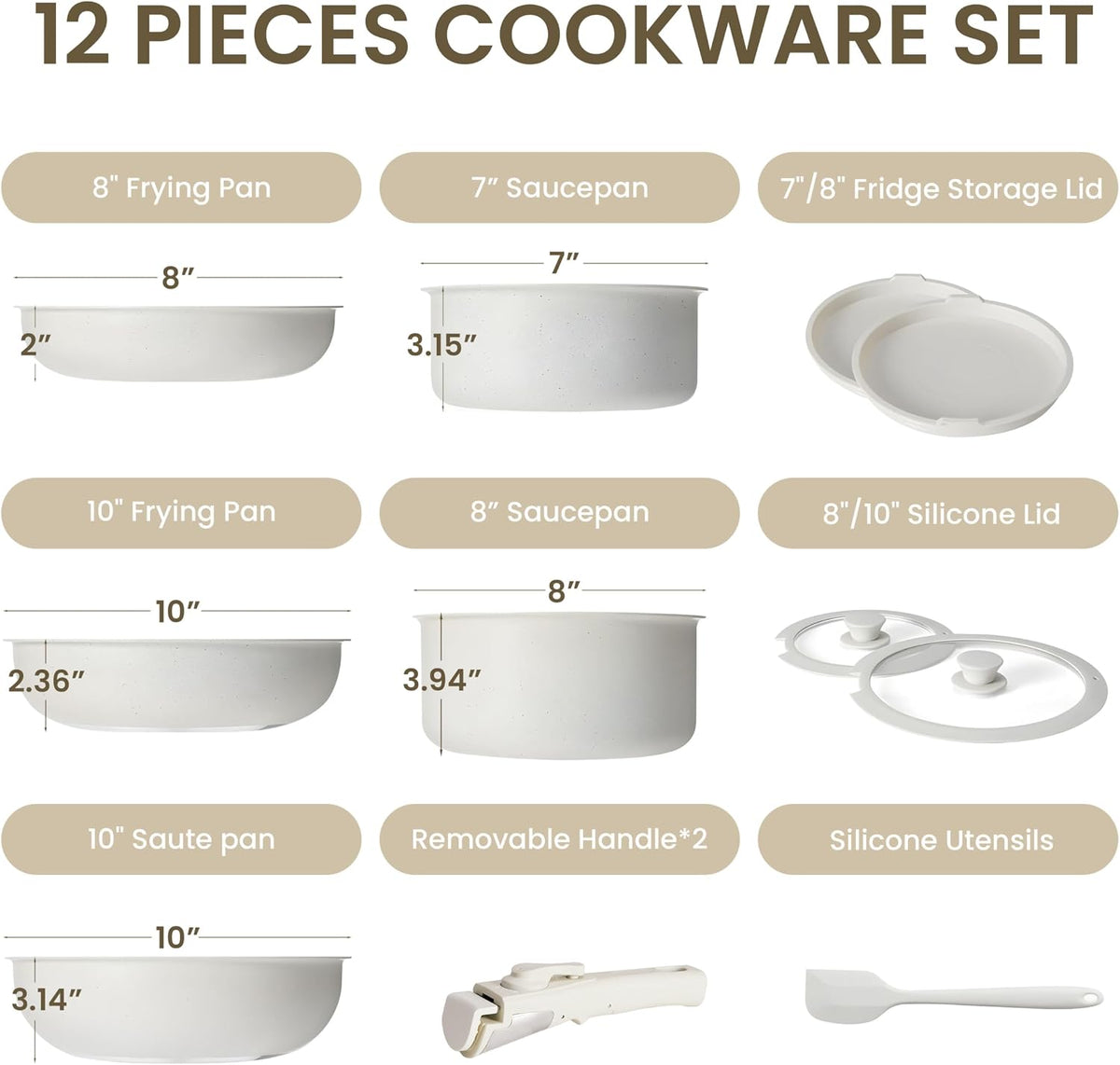 Simple Deluxe 12 Pcs Cookware Set, Non-Stick Pots and Pans Set, with Black Granite Texture and Detachable Handles, Resistant to High Temperatures, Oven Safe, PFAS and PFOA Free, Beige