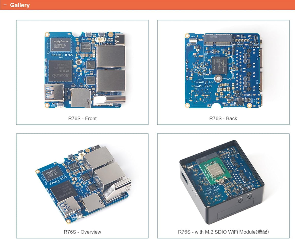 NanoPi R76S Mini Router, RK3576 Octa-Core SoC with 6TOPS NPU AI Model, LPDDR4X 4GB RAM 64GB eMMC, Dual 2.5G Ethernet, Support M.2 Wi-Fi Module (with M.2 WiFi, LPDDR4X 4GB, Power Kit)