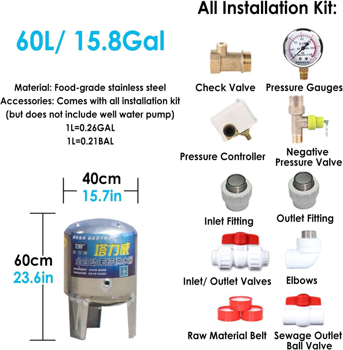 80gal 60gal 50gal 40gal 26gal 15gal Well Water Pressure Tank, Vertical Stainless Steel Pressurized Water Storage Tanks with Air Release Valve and Mounting Kit for Shallow Well Pump Household(60X40cm/2