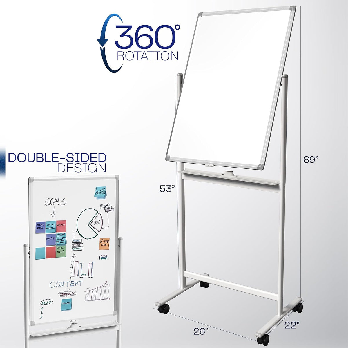 VIVO White Mobile 24 x 36 inch Double Sided Whiteboard, CART-WB24A