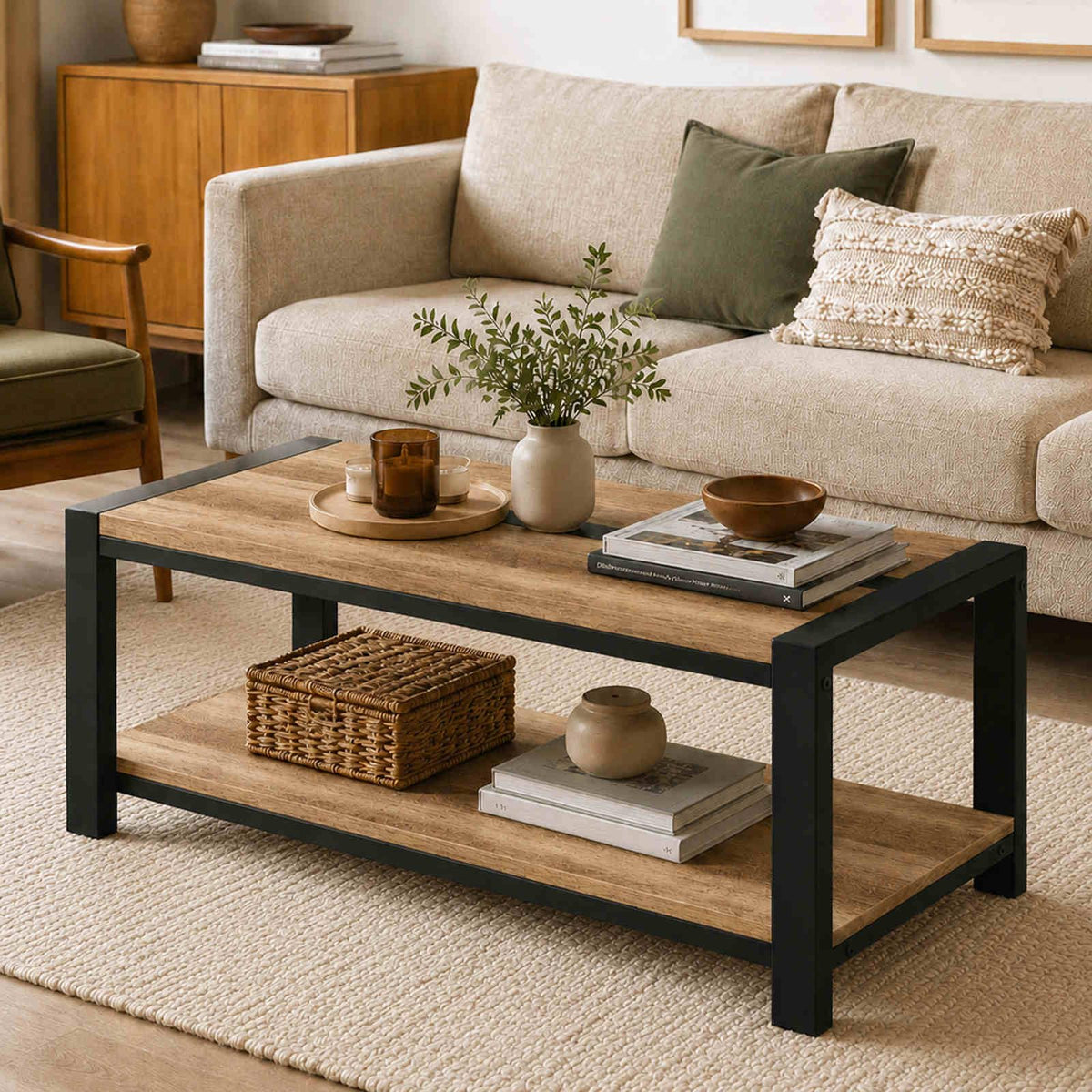 BON AUGURE Coffee Tables for Living Room, 2 Tier Storage Shelf, 43In Rustic