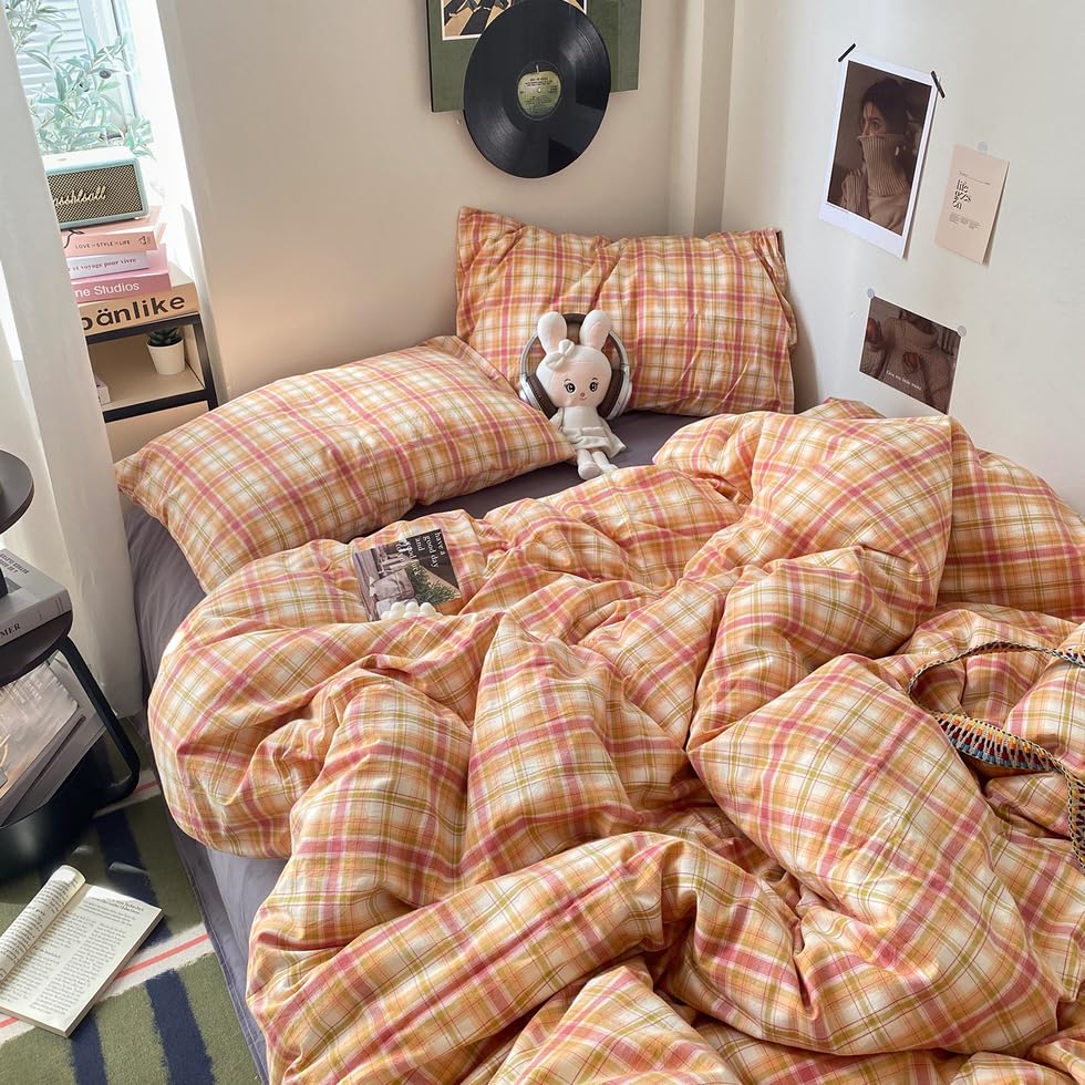 EAVD Vintage Buffalo Plaid Duvet Cover Queen Red&Black&Green Muslin Cotton