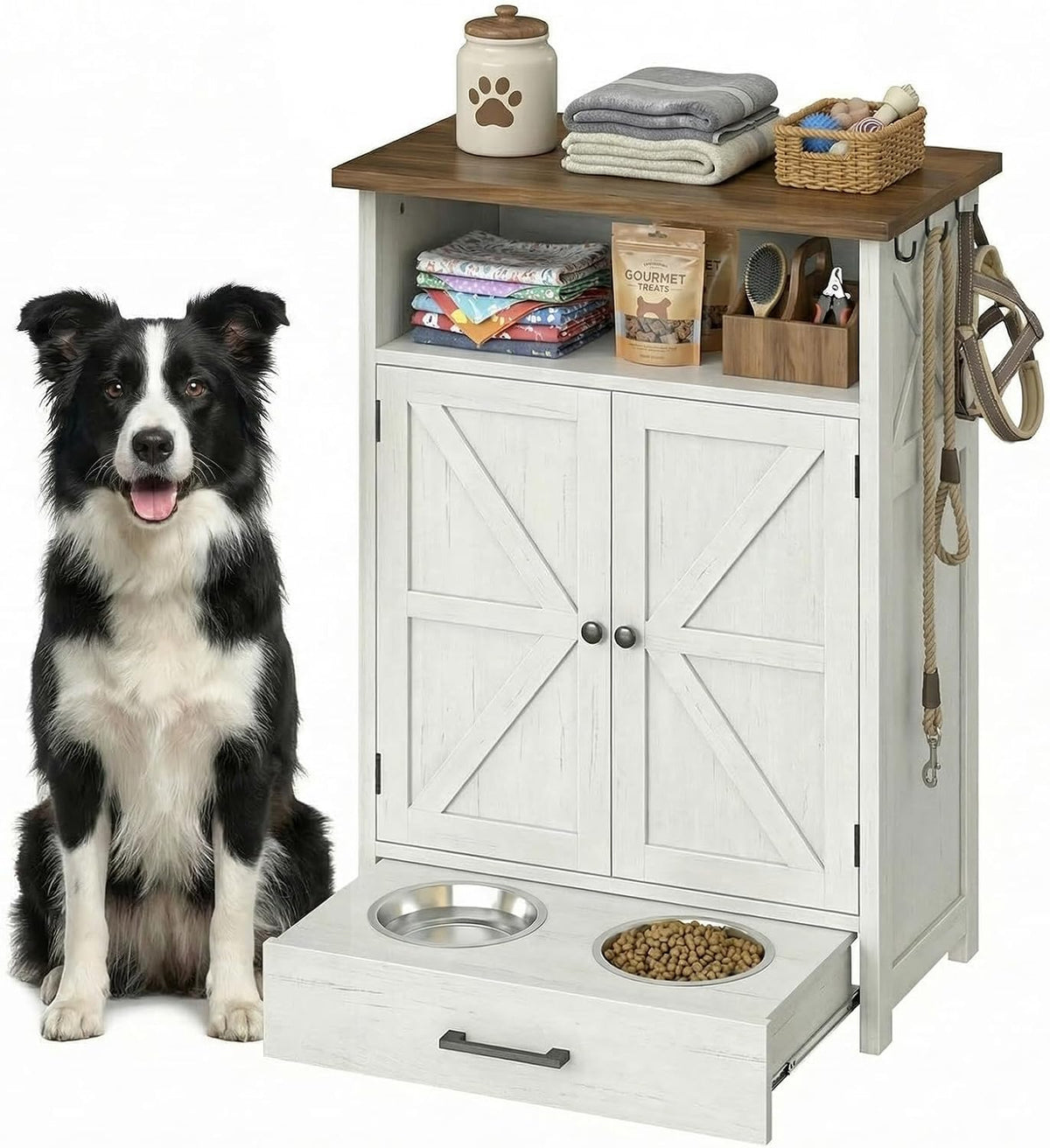 Dog Feeding Station with Storage Cabinet, Raised 2 Elevated Dog Bowls with Hidden Drawer, Pet Feeding Station with Storage, Dog Food Storage Cabinet with 3 Side Hooks, Pet Storage Station