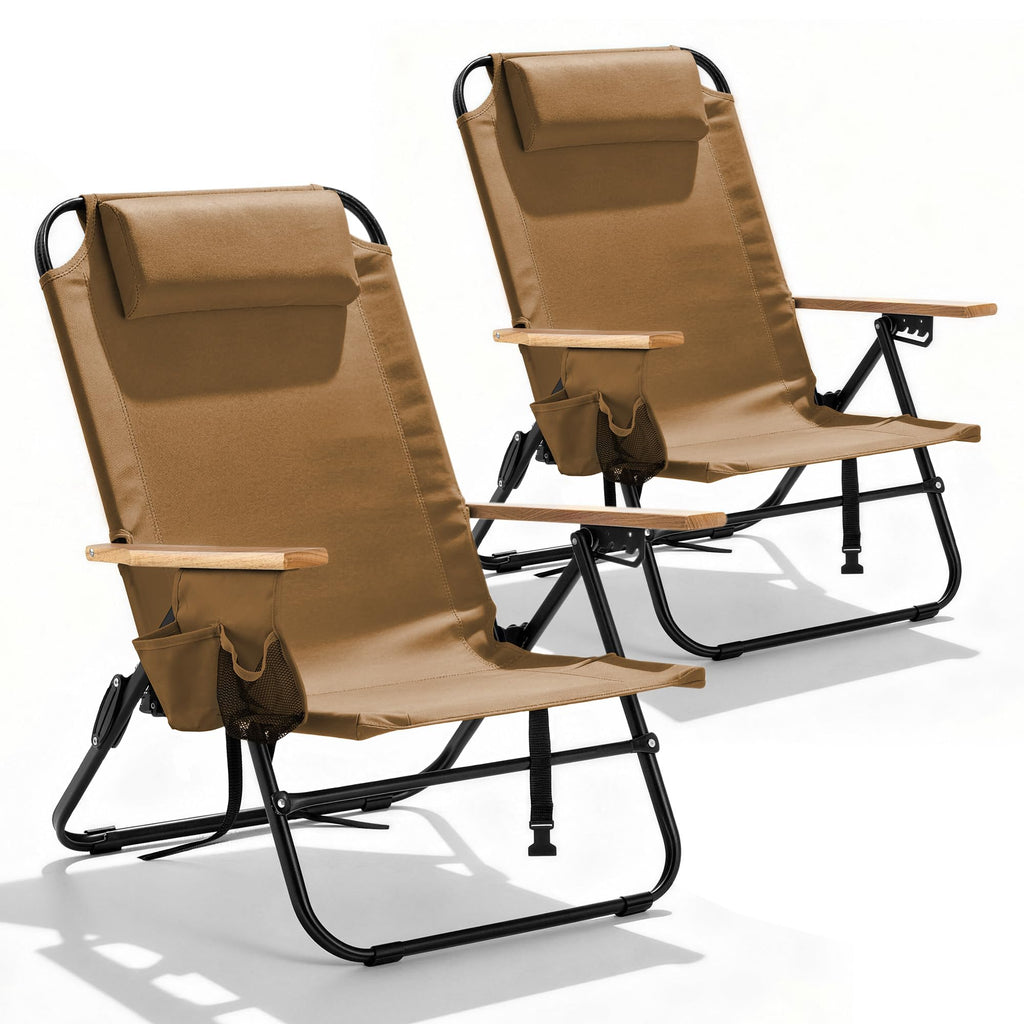 2 Pack Premium 5-Position Reclining Camping Chair - Portable Folding Lightweight Outdoor Chair with Wooden Armrests, Headrest & Pockets, 350lbs Heavy Duty for Beach, Patio, Backyard, Black