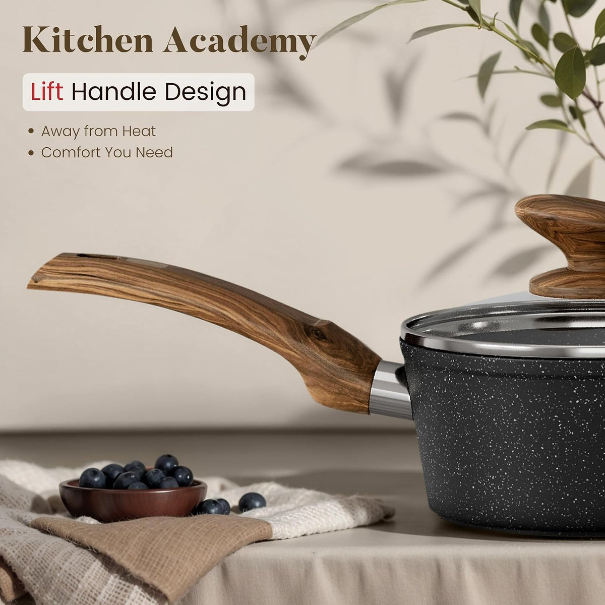 Kitchen Academy 12Pcs Induction Pots and Pans Set Non Stick, Black Cookware