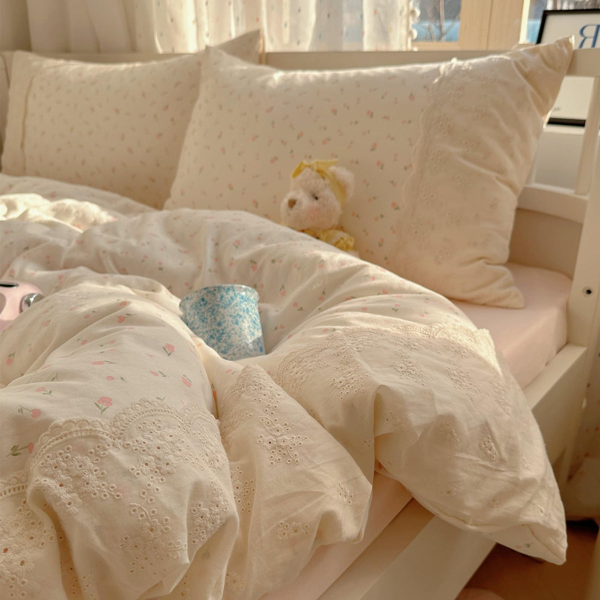 Floral Duvet Cover Set Muslin Cotton Queen(90"x90"),Pink Flower