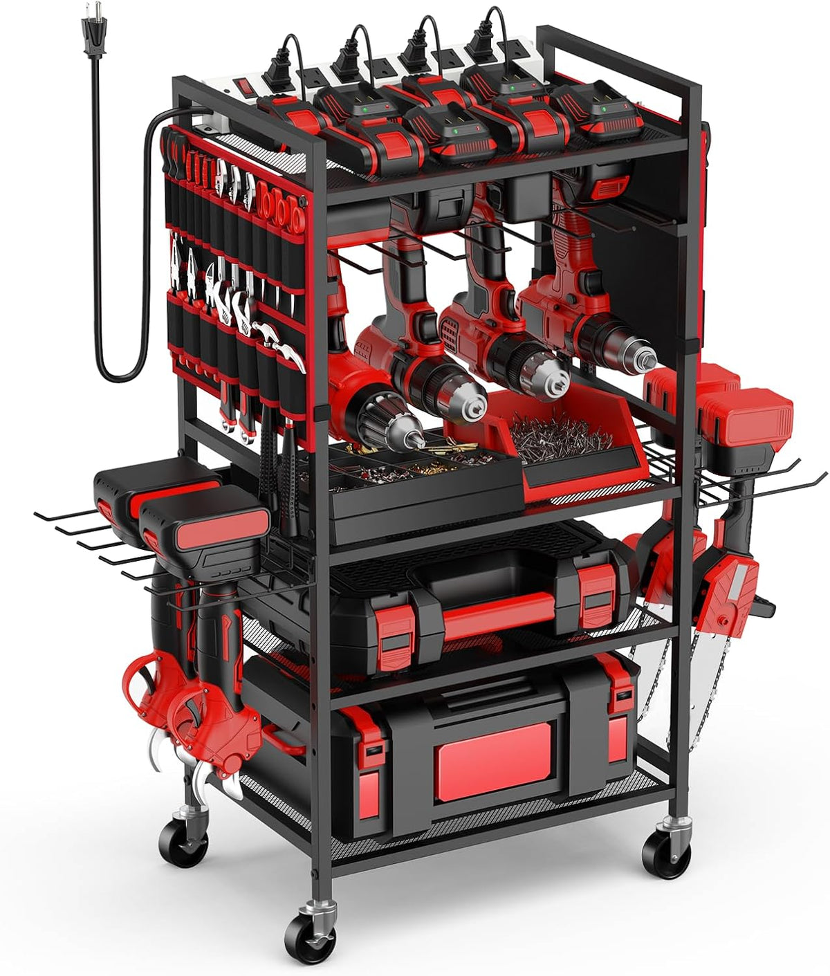JUNNUJ Garage Large Power Tool Organizer Cart with 20A Charing Station, Heavy Duty Drill and Tools Battery Holder Storage Rack, Floor Standing Rolling Tool Cart on Wheels, Red