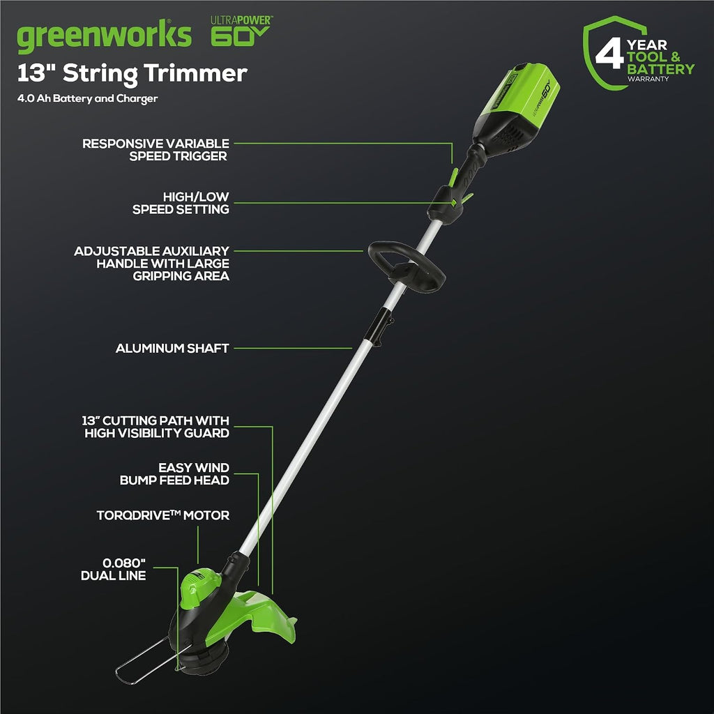 Greenworks 60V 13 in String Trimmer & 540 CFM Blower Combo, 4.0 Ah Battery