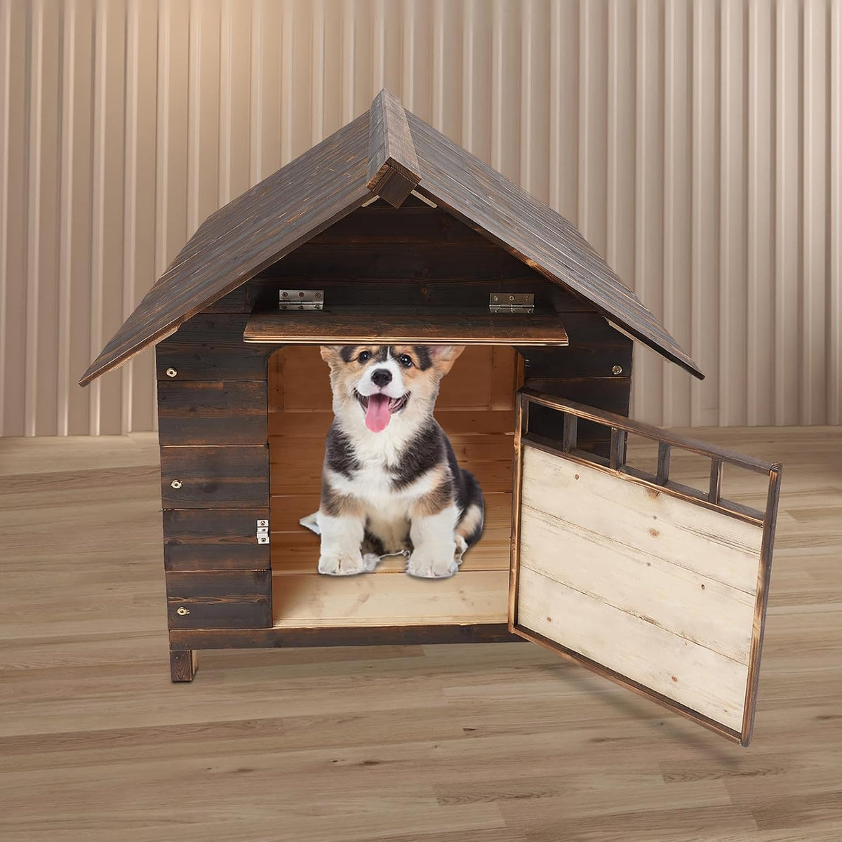 Wooden Dog House, Medium Dogs Outdoor & Indoor Dog House with Weatherproof Sealer, with Double Window for Beagle, Poodle, Cocker – 30.31 x 34.65 x 31.89 in