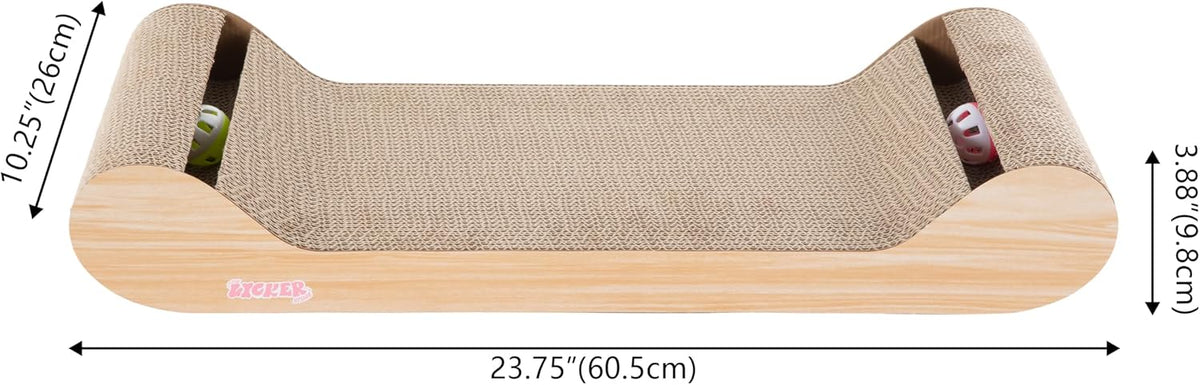 Rini 23.75" Modern Cardboard Cat Scratcher Lounge Bed with Built-in Bell Toys and Catnip, Ergonomic Curved Sofa Design, Oak Wood Finish, Set of 2 CSR1003C-SET2