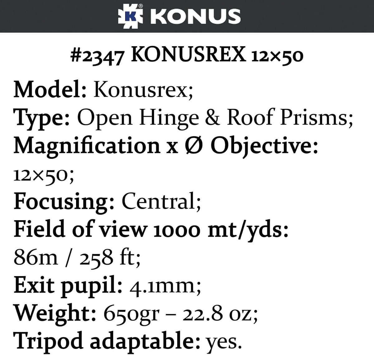 Konus Rex Binoculars for Hunting and Bird-Watching, 12x50mm (2347)