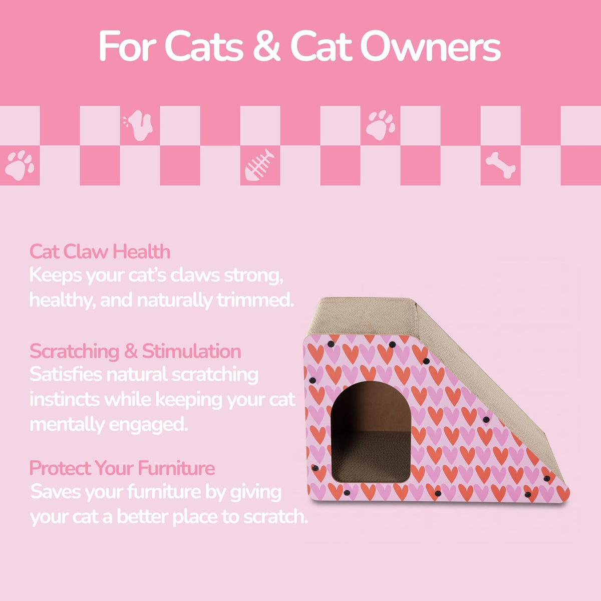 Kento 23.63" Modern Cardboard Cat Cave Scratcher with Catnip, Angled Trapezoid Hideaway House and Scratching Lounge for Indoor Cats, Heart Pattern CSR1008C