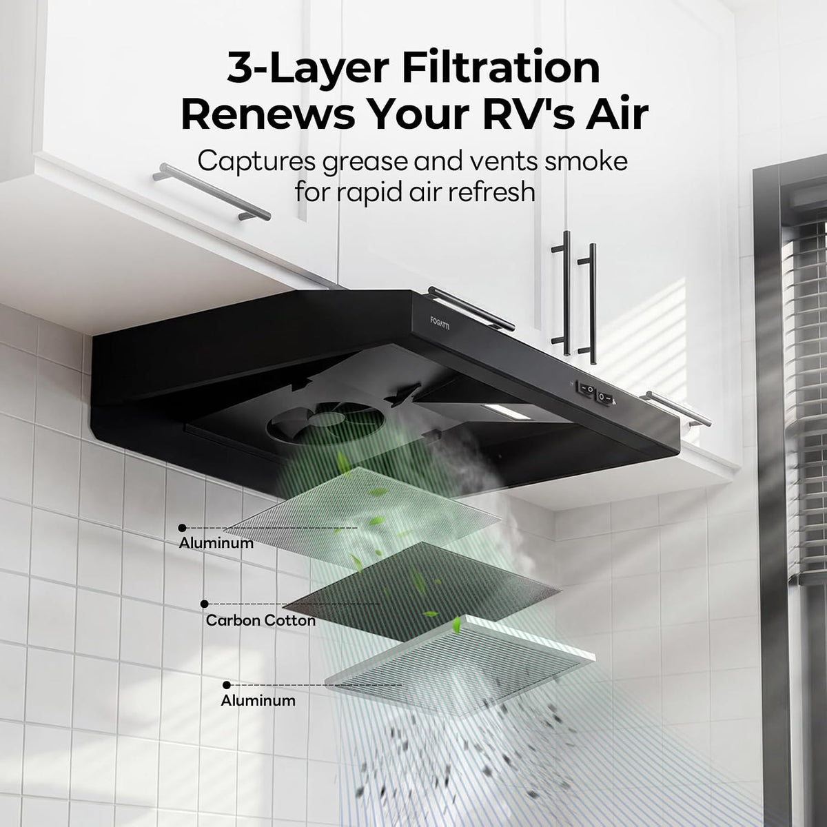 FOGATTI RV Range Hood 22" Ductless 12V Black, Charcoal Filter, LED Light