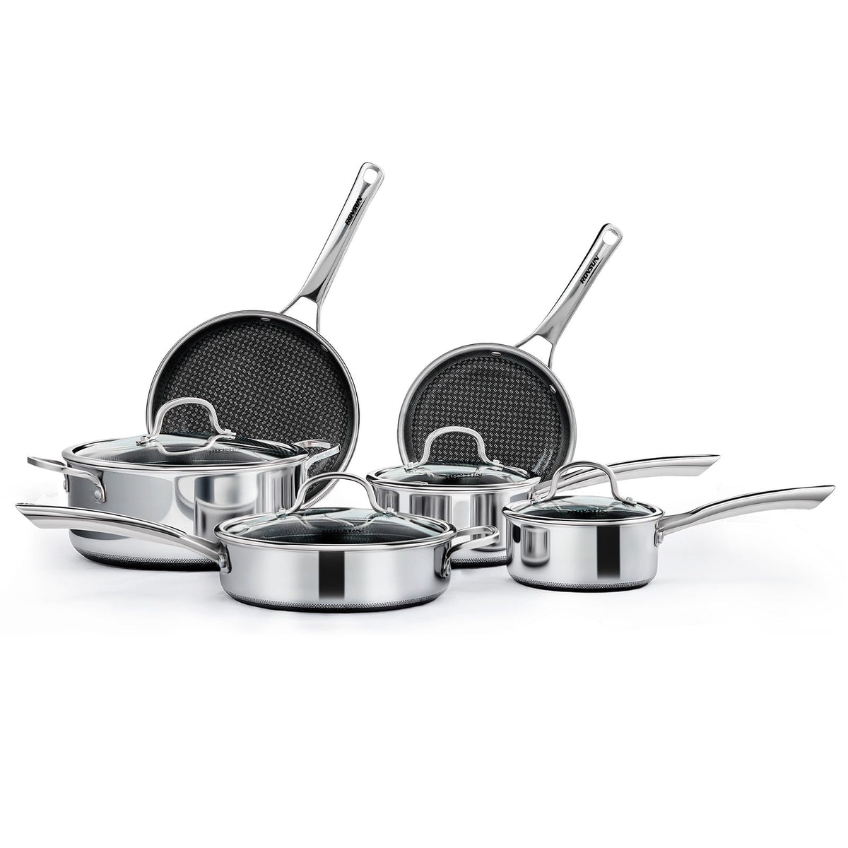 ROVSUN 10 Pcs Non-Stick Cookware Set, Stainless Steel Pots and Pans Set with Lids, Non-Toxic Kitchen Set Chef's Pan, PFOA & PTFE Free, Compatible for All Cooktops