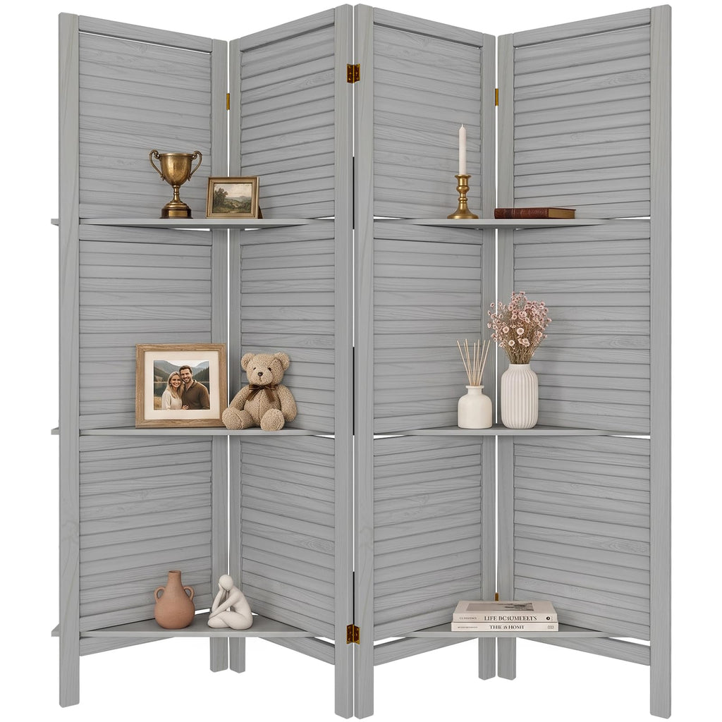 TEAKMAMA Room Divider, Room Divider with Shelves, 4 Panel,Distressed White