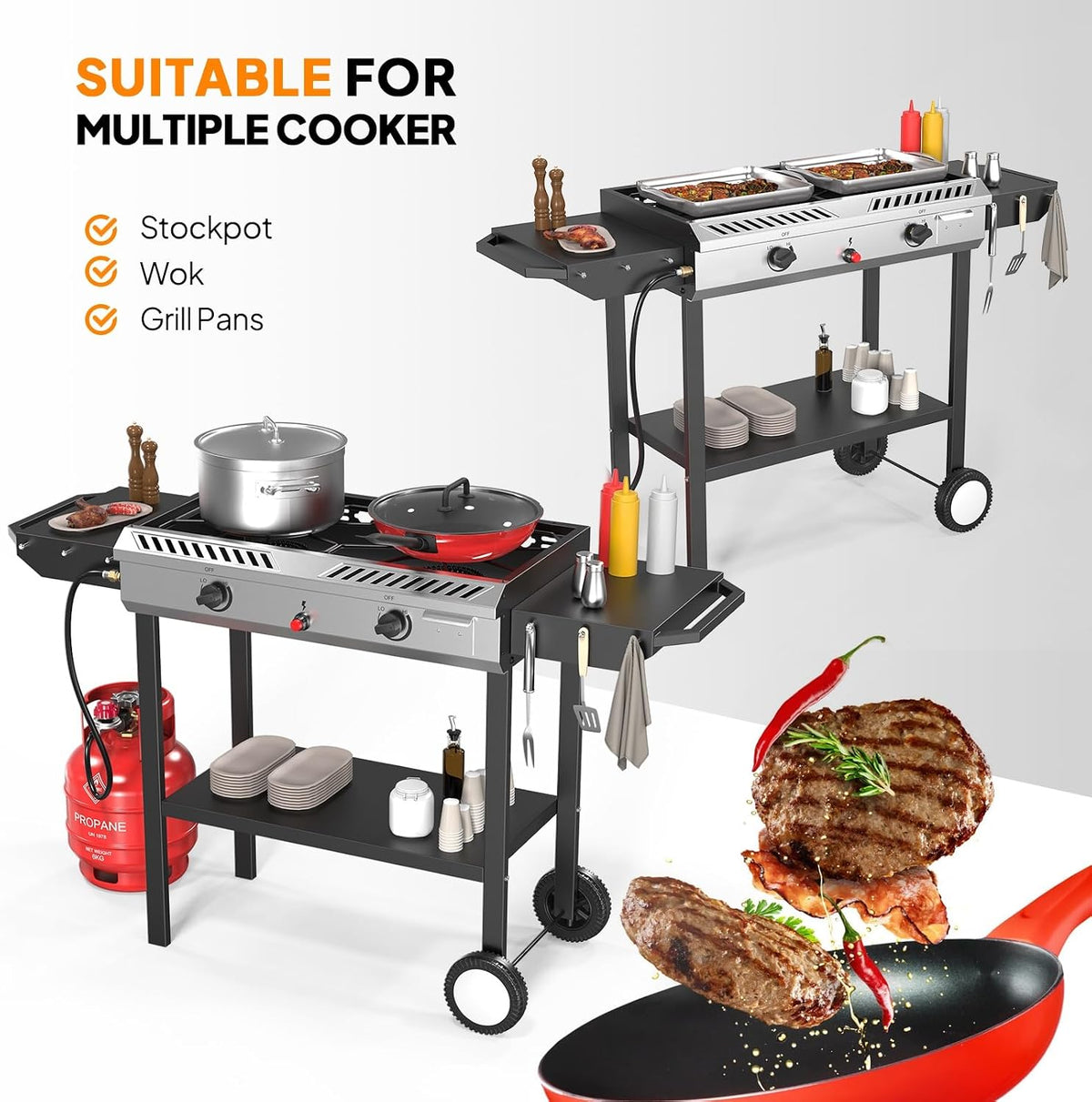 Bonnlo 2 Burner Propane Gas Burner with Auto Ignition, 150000 BTU Camping Stove with Storage Shelf and Rolling Wheels, Portable Outdoor Cooker for Patio Backyard Cooking Frying Boiling and Stewing