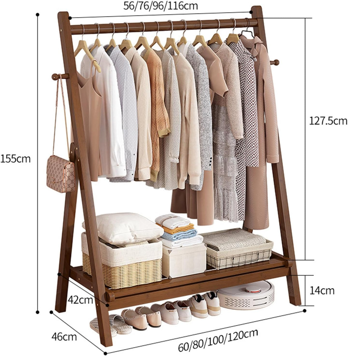 Unique Coat Rack Stand, Bamboo Clothing Rack Foldable Clothes Hanging Stand with Storage Shelf for Laundry, Guest Room, Apartment, Entryway