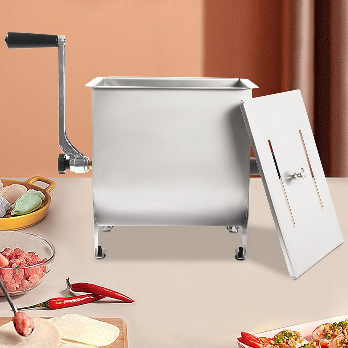 20lb Manual Meat Mixer Stainless Steel Meat Grinder Heavy Duty Meat Mixing Machine for Sausage,with Lid and Handle