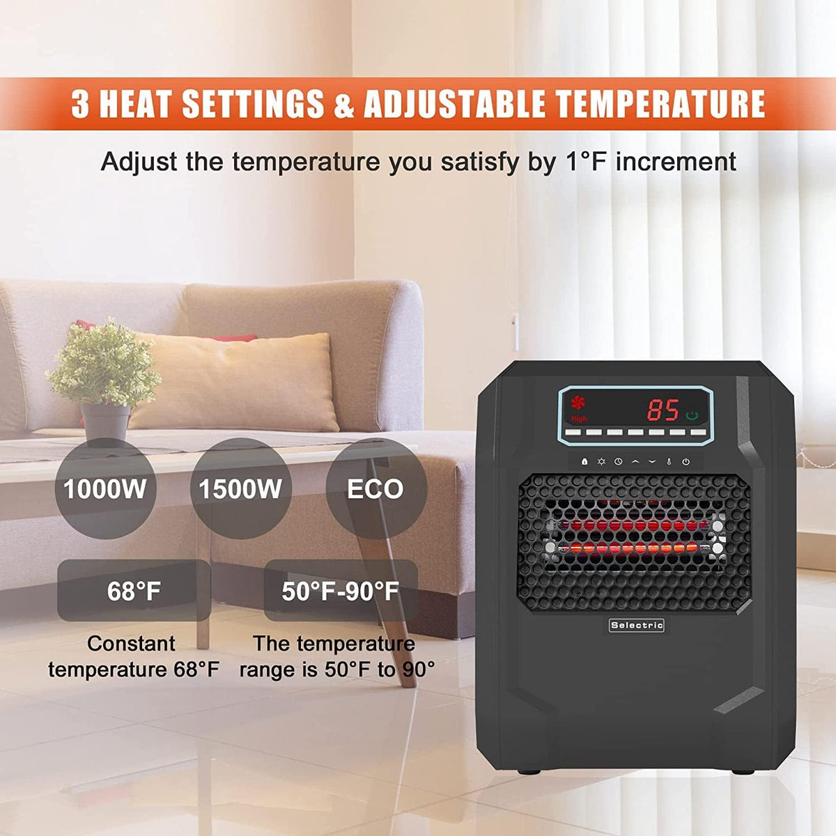 VOLTORB Freestanding Portable Electric Space Heater for Bedroom or Indoor Use with LED Display, Remote Control, and Fan Only Mode, Black