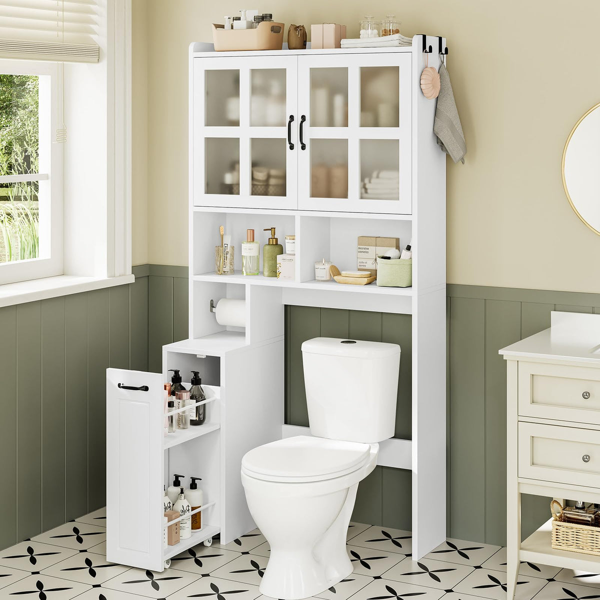 UPOSOJA Over The Toilet Storage Cabinet with Pulley Small Bathroom Storage Cabinet, Space Saver W/Adjustable Shelf & Open Shelf for Bathroom, Restroom, Laundry (White)