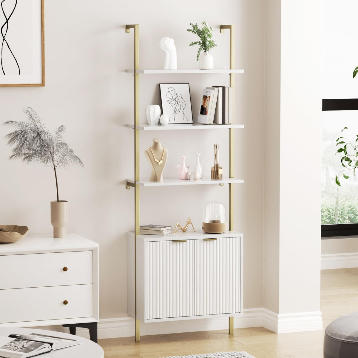 Halitaa 71”Ladder Shelf with Storage Cabinet, Wall Mounted Ladder Bookshelf
