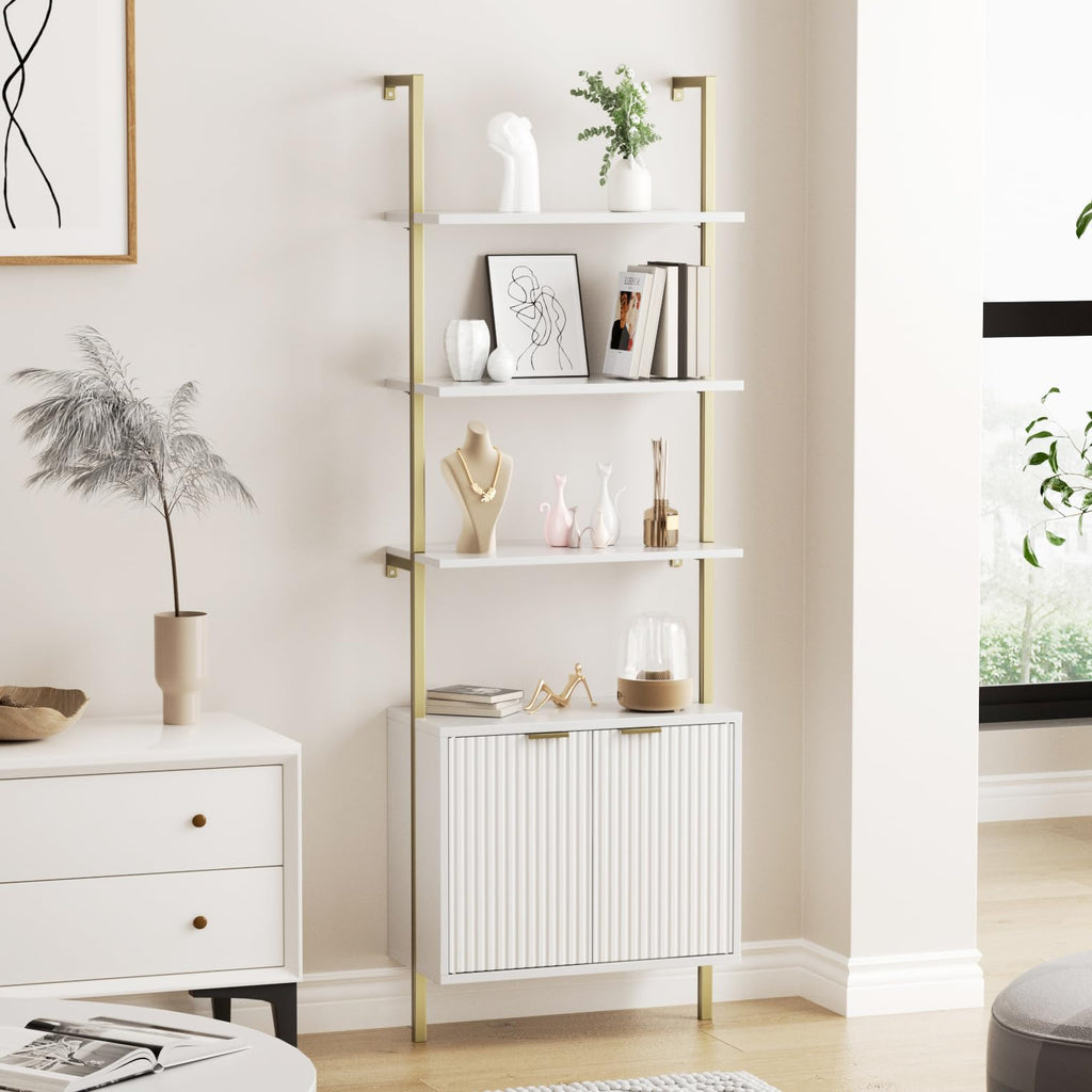Set of 2 Ladder Shelf with Storage Cabinet,71”Wall Mounted Ladder Bookshelf