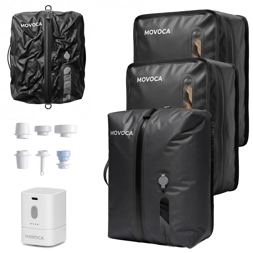 MOVOCA 3 Pack Vacuum Bags for Travel with Pump, Compression Packing Cubes
