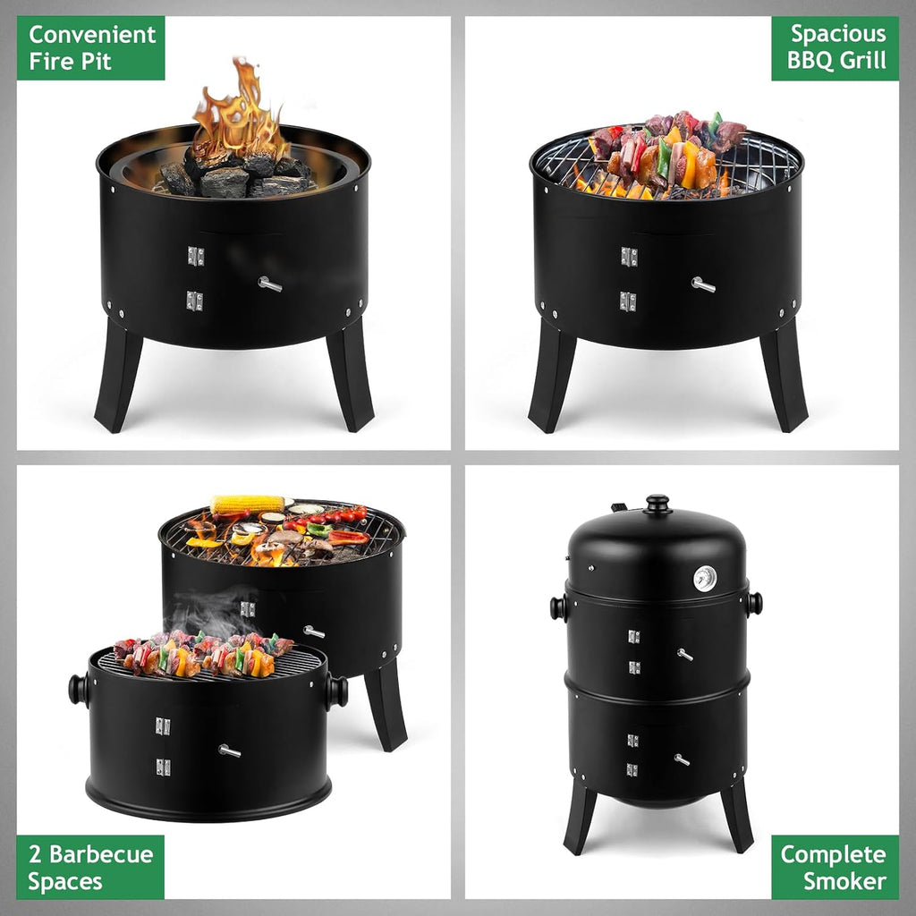 Vertical Charcoal BBQ Smoker, 3-in-1 16" Round Barbecue Grill